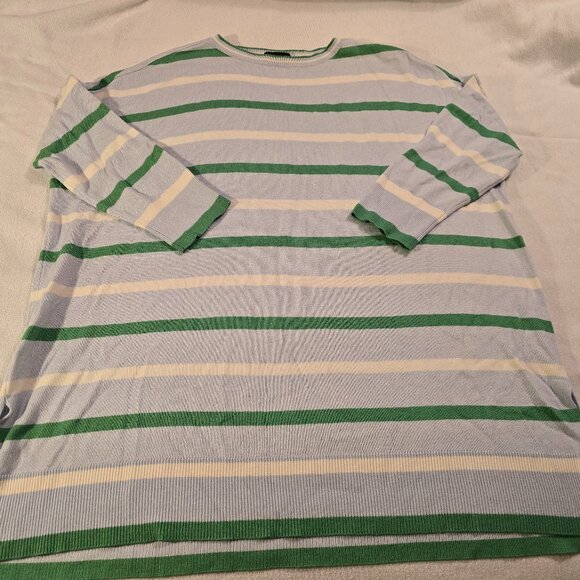 Ann Taylor M Medium Sweater Green Blue Stripe Tunic Women Minimalist Nautical GU - Picture 1 of 16